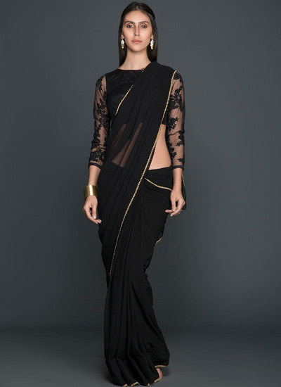 Black With Gold Trim Saree - Indian Clothing in Denver, CO, Aurora, CO, Boulder, CO, Fort Collins, CO, Colorado Springs, CO, Parker, CO, Highlands Ranch, CO, Cherry Creek, CO, Centennial, CO, and Longmont, CO. Nationwide shipping USA - India Fashion X