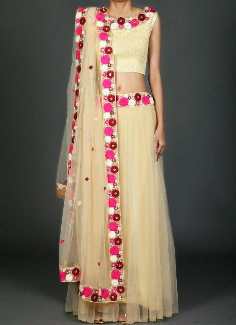 Golden Cream Multicolor Net Lehenga - Indian Clothing in Denver, CO, Aurora, CO, Boulder, CO, Fort Collins, CO, Colorado Springs, CO, Parker, CO, Highlands Ranch, CO, Cherry Creek, CO, Centennial, CO, and Longmont, CO. Nationwide shipping USA - India Fashion X