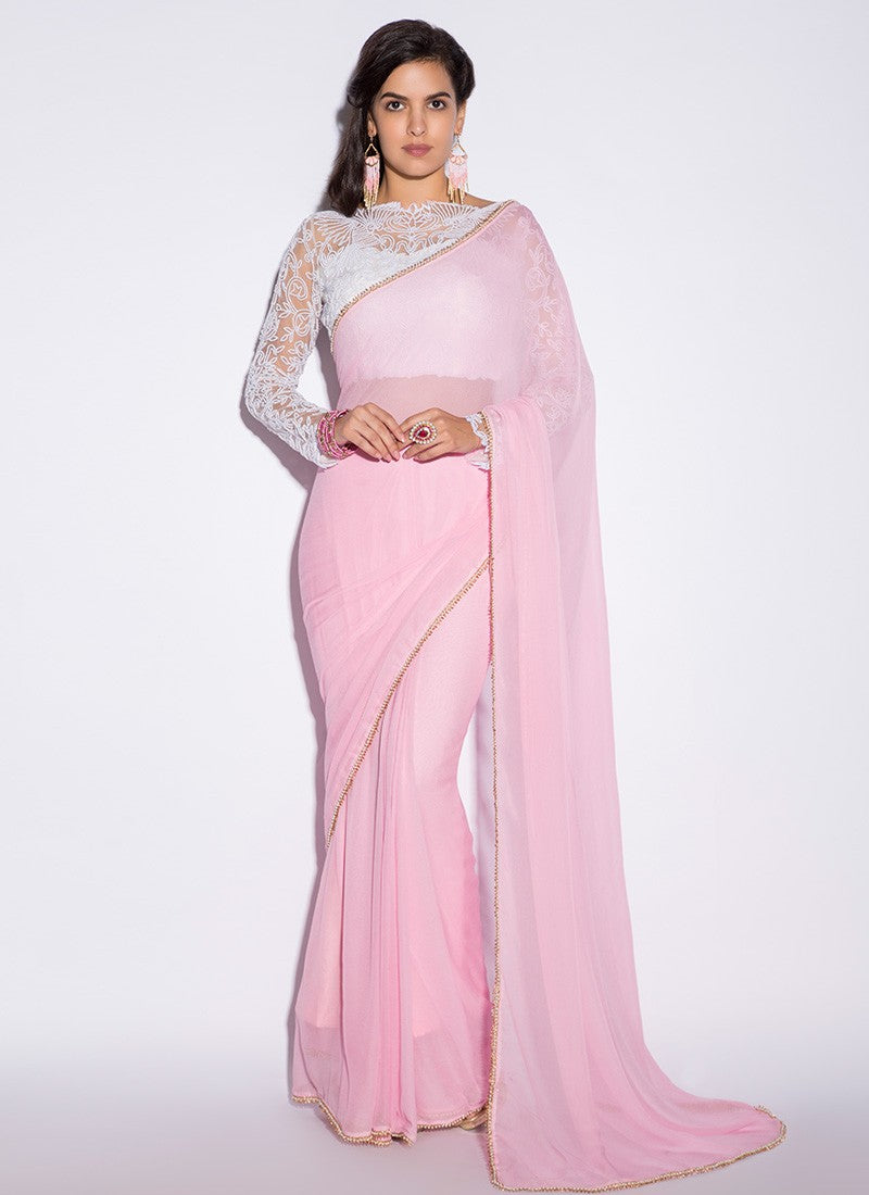 White and Pink Embroidered Saree - Indian Clothing in Denver, CO, Aurora, CO, Boulder, CO, Fort Collins, CO, Colorado Springs, CO, Parker, CO, Highlands Ranch, CO, Cherry Creek, CO, Centennial, CO, and Longmont, CO. Nationwide shipping USA - India Fashion X