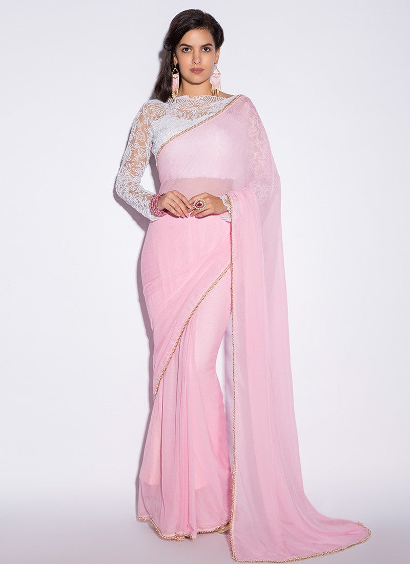 White and Pink Embroidered Saree - Indian Clothing in Denver, CO, Aurora, CO, Boulder, CO, Fort Collins, CO, Colorado Springs, CO, Parker, CO, Highlands Ranch, CO, Cherry Creek, CO, Centennial, CO, and Longmont, CO. Nationwide shipping USA - India Fashion X
