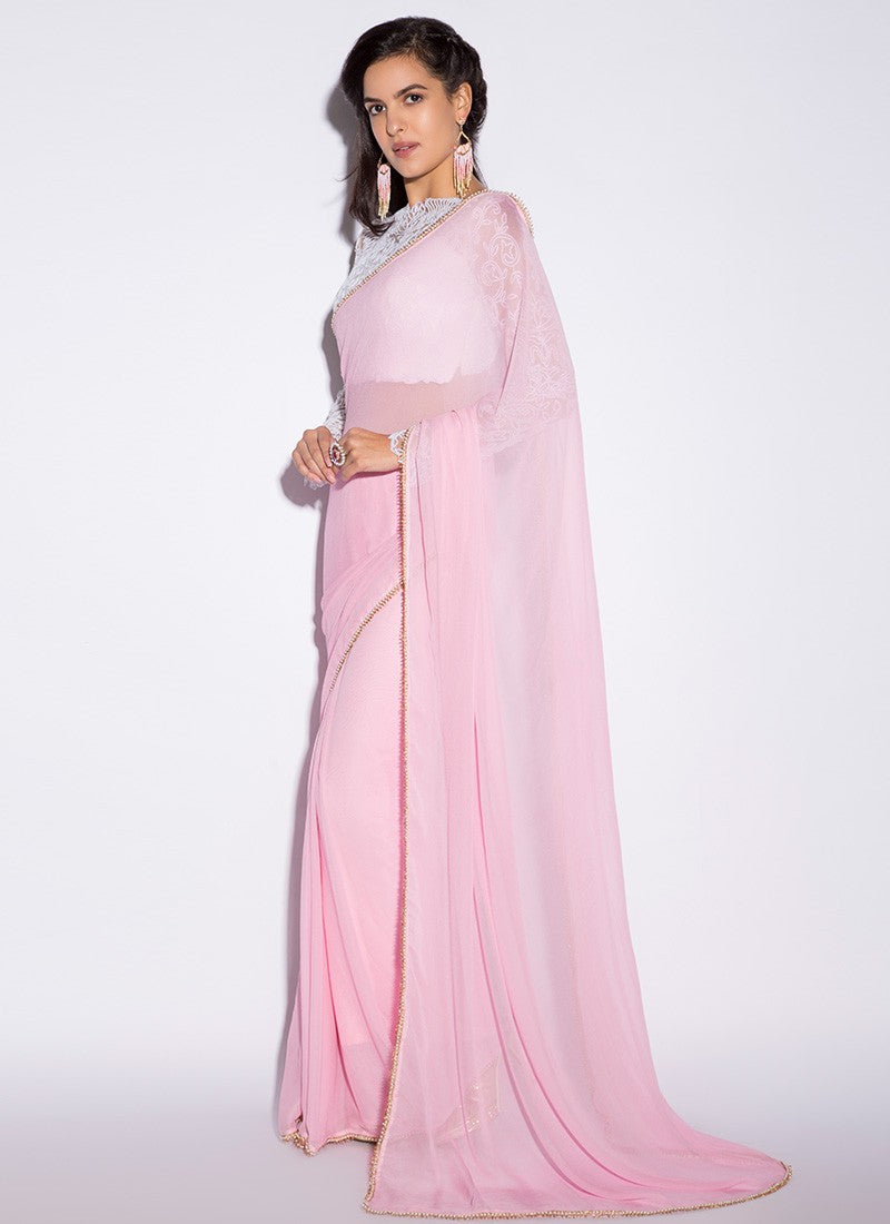 White and Pink Embroidered Saree - Indian Clothing in Denver, CO, Aurora, CO, Boulder, CO, Fort Collins, CO, Colorado Springs, CO, Parker, CO, Highlands Ranch, CO, Cherry Creek, CO, Centennial, CO, and Longmont, CO. Nationwide shipping USA - India Fashion X