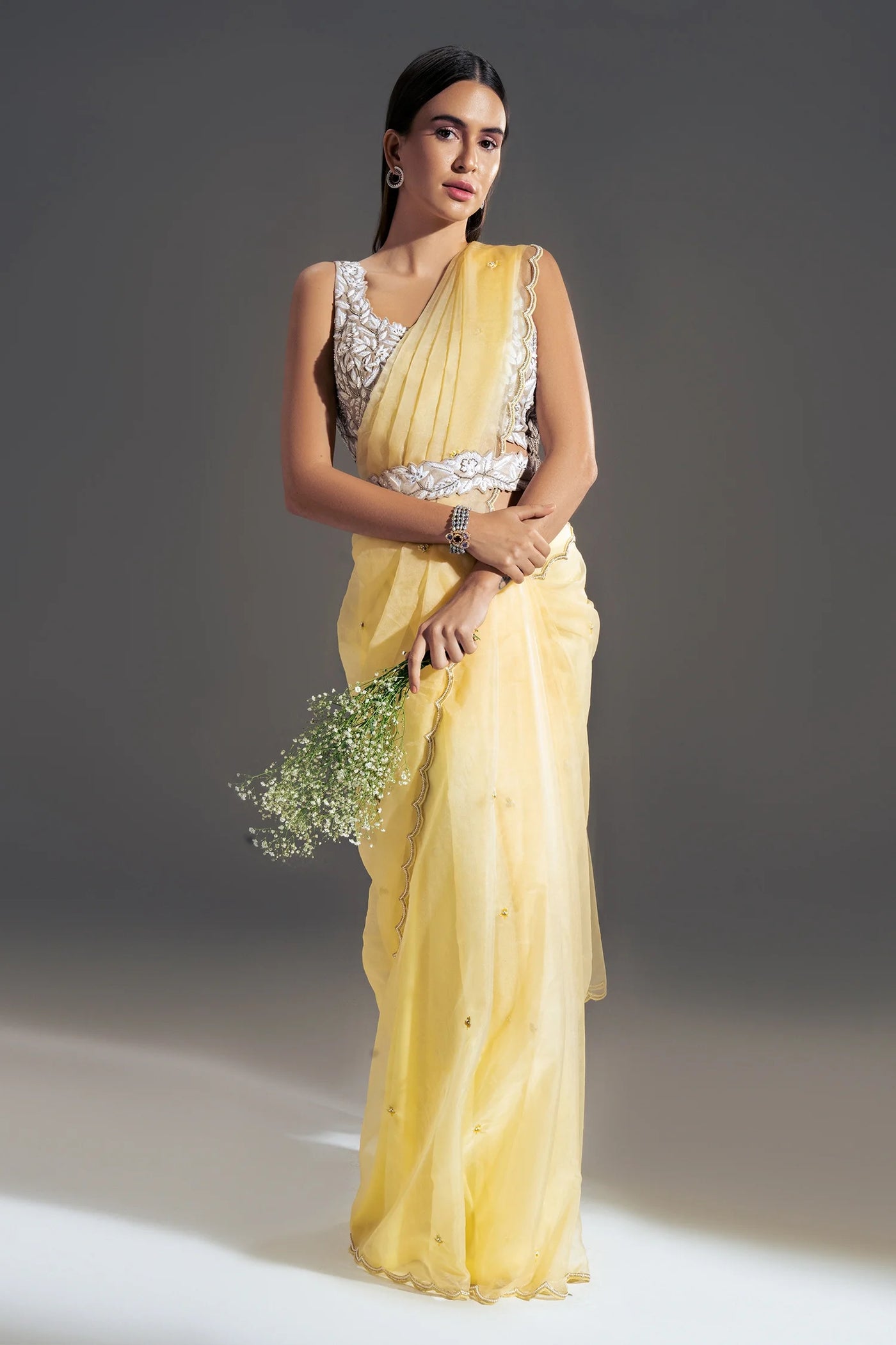 Yellow Suede Scallop Saree - Indian Clothing in Denver, CO, Aurora, CO, Boulder, CO, Fort Collins, CO, Colorado Springs, CO, Parker, CO, Highlands Ranch, CO, Cherry Creek, CO, Centennial, CO, and Longmont, CO. Nationwide shipping USA - India Fashion X