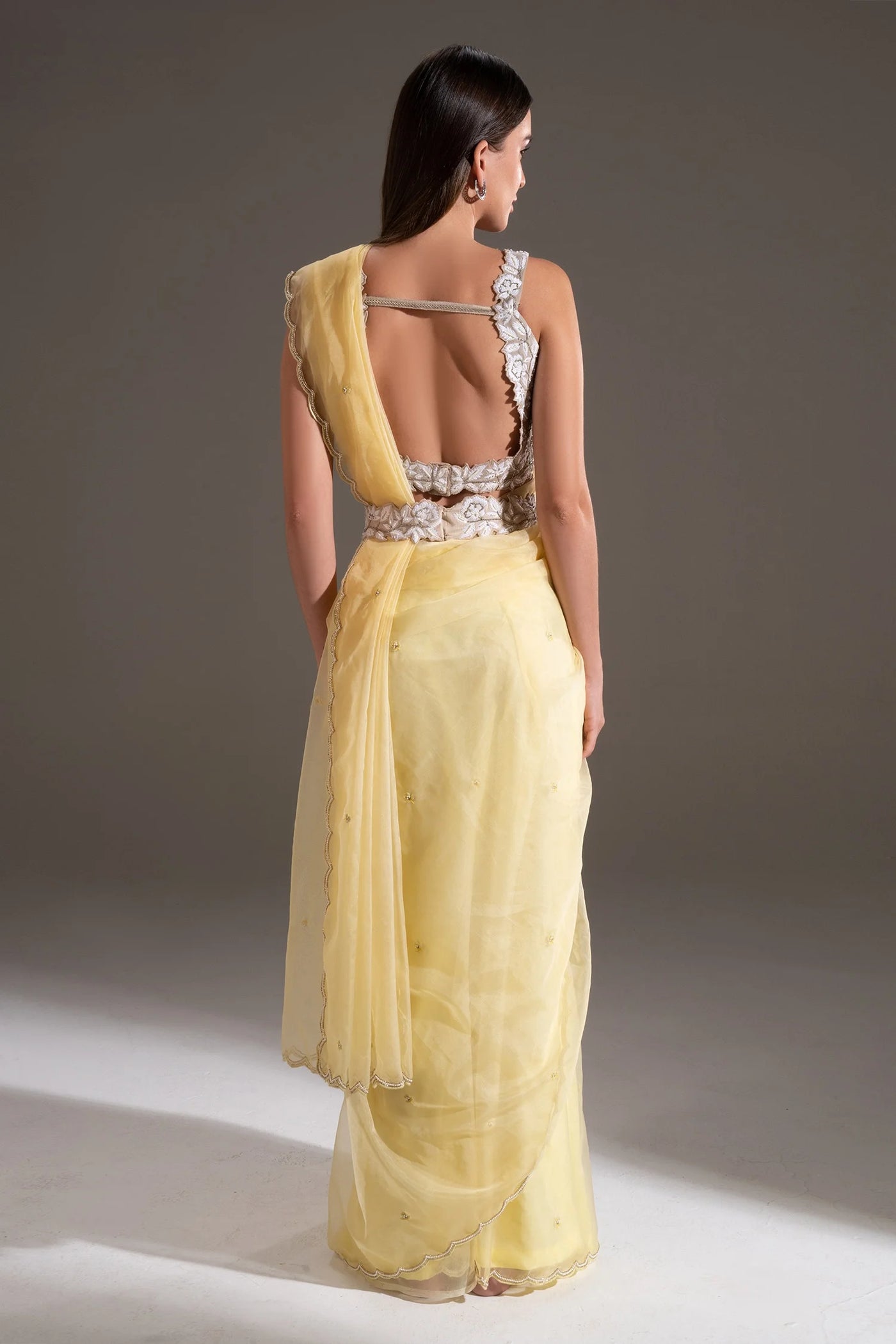 Yellow Suede Scallop Saree - Indian Clothing in Denver, CO, Aurora, CO, Boulder, CO, Fort Collins, CO, Colorado Springs, CO, Parker, CO, Highlands Ranch, CO, Cherry Creek, CO, Centennial, CO, and Longmont, CO. Nationwide shipping USA - India Fashion X