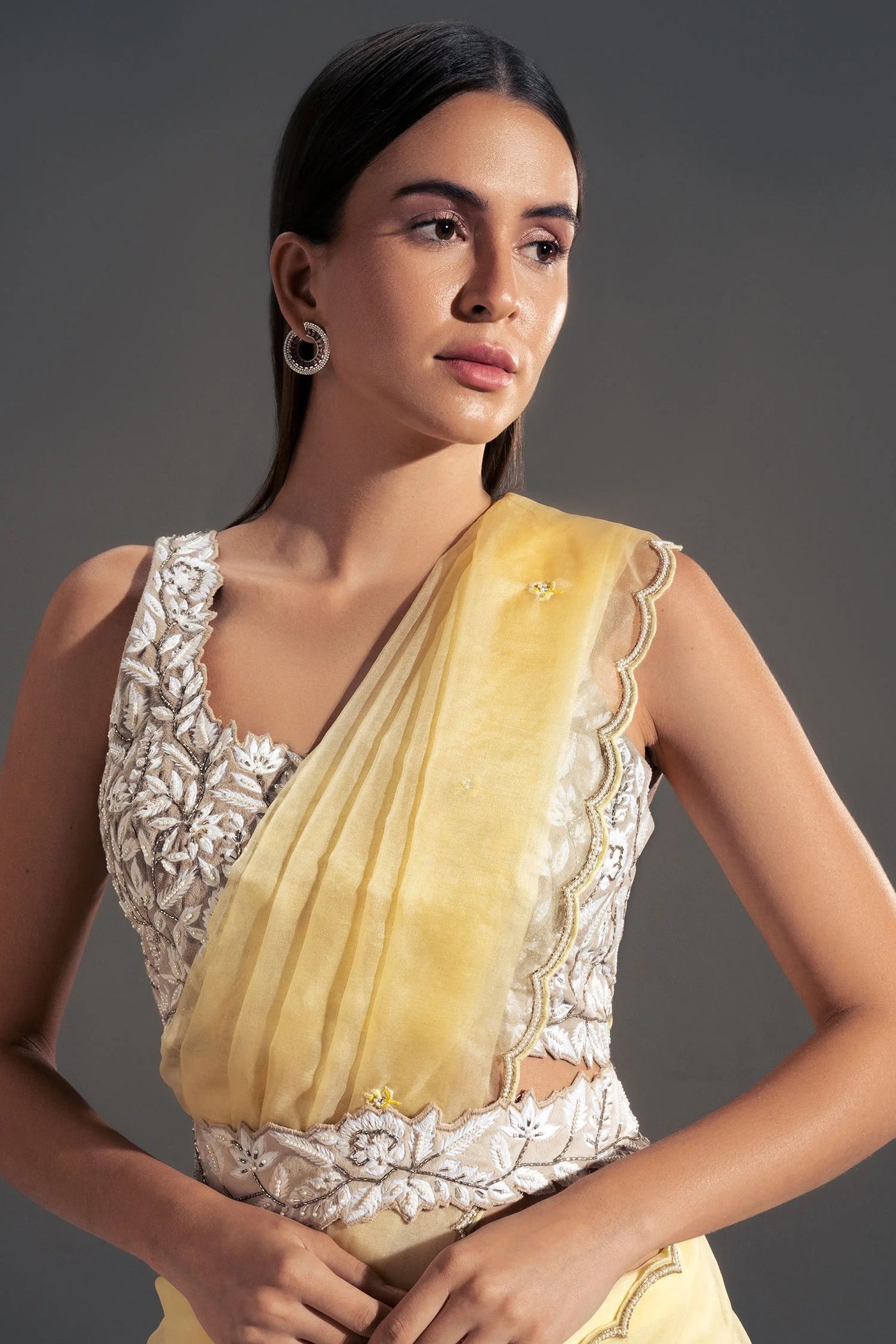 Yellow Suede Scallop Saree - Indian Clothing in Denver, CO, Aurora, CO, Boulder, CO, Fort Collins, CO, Colorado Springs, CO, Parker, CO, Highlands Ranch, CO, Cherry Creek, CO, Centennial, CO, and Longmont, CO. Nationwide shipping USA - India Fashion X