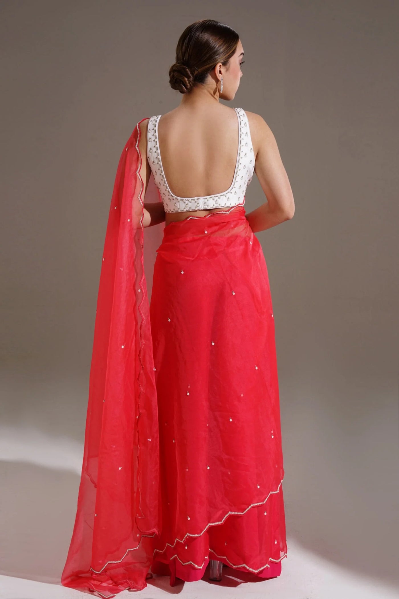 Red Crepe Organza Saree - Indian Clothing in Denver, CO, Aurora, CO, Boulder, CO, Fort Collins, CO, Colorado Springs, CO, Parker, CO, Highlands Ranch, CO, Cherry Creek, CO, Centennial, CO, and Longmont, CO. Nationwide shipping USA - India Fashion X