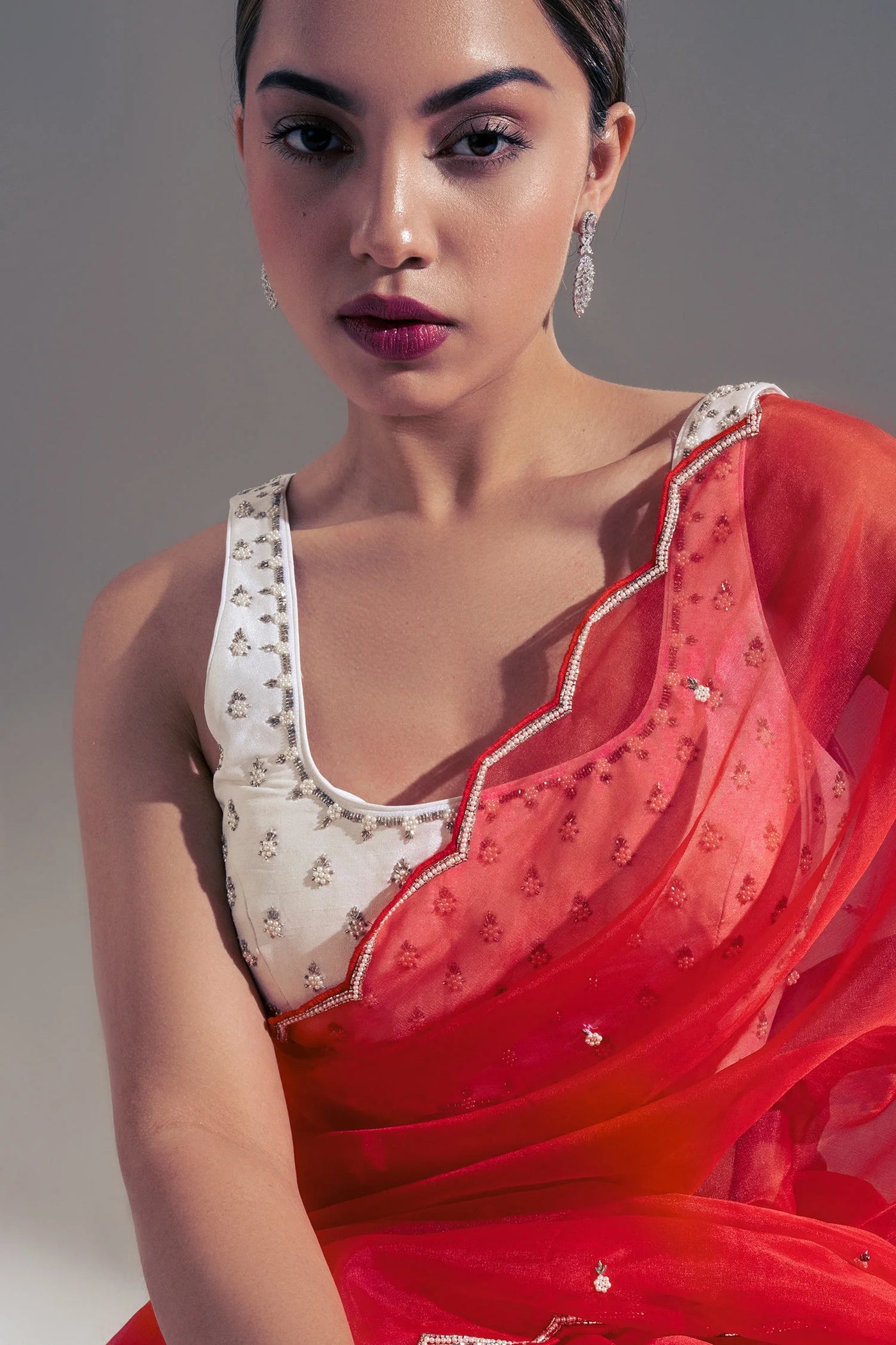 Red Crepe Organza Saree - Indian Clothing in Denver, CO, Aurora, CO, Boulder, CO, Fort Collins, CO, Colorado Springs, CO, Parker, CO, Highlands Ranch, CO, Cherry Creek, CO, Centennial, CO, and Longmont, CO. Nationwide shipping USA - India Fashion X
