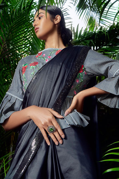 Soft Black Chambray Saree - Indian Clothing in Denver, CO, Aurora, CO, Boulder, CO, Fort Collins, CO, Colorado Springs, CO, Parker, CO, Highlands Ranch, CO, Cherry Creek, CO, Centennial, CO, and Longmont, CO. Nationwide shipping USA - India Fashion X