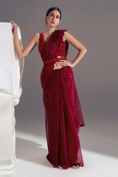 Maroon Suede Organza Saree - Indian Clothing in Denver, CO, Aurora, CO, Boulder, CO, Fort Collins, CO, Colorado Springs, CO, Parker, CO, Highlands Ranch, CO, Cherry Creek, CO, Centennial, CO, and Longmont, CO. Nationwide shipping USA - India Fashion X