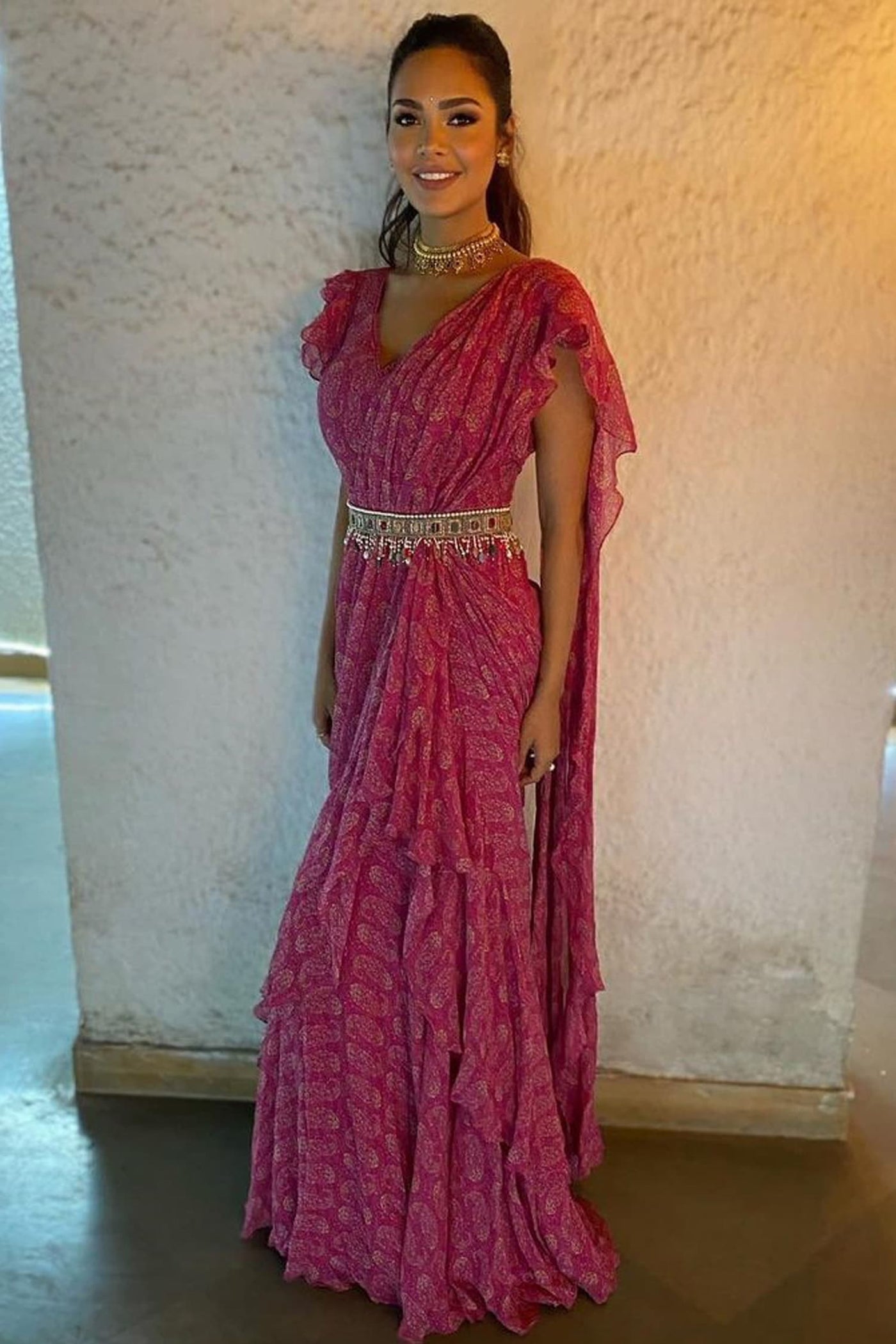 Pink Pre-draped Saree Gown - Indian Clothing in Denver, CO, Aurora, CO, Boulder, CO, Fort Collins, CO, Colorado Springs, CO, Parker, CO, Highlands Ranch, CO, Cherry Creek, CO, Centennial, CO, and Longmont, CO. Nationwide shipping USA - India Fashion X