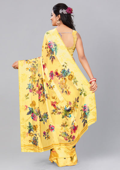 Oriental Floral Saree in Yellow - Indian Clothing in Denver, CO, Aurora, CO, Boulder, CO, Fort Collins, CO, Colorado Springs, CO, Parker, CO, Highlands Ranch, CO, Cherry Creek, CO, Centennial, CO, and Longmont, CO. Nationwide shipping USA - India Fashion X