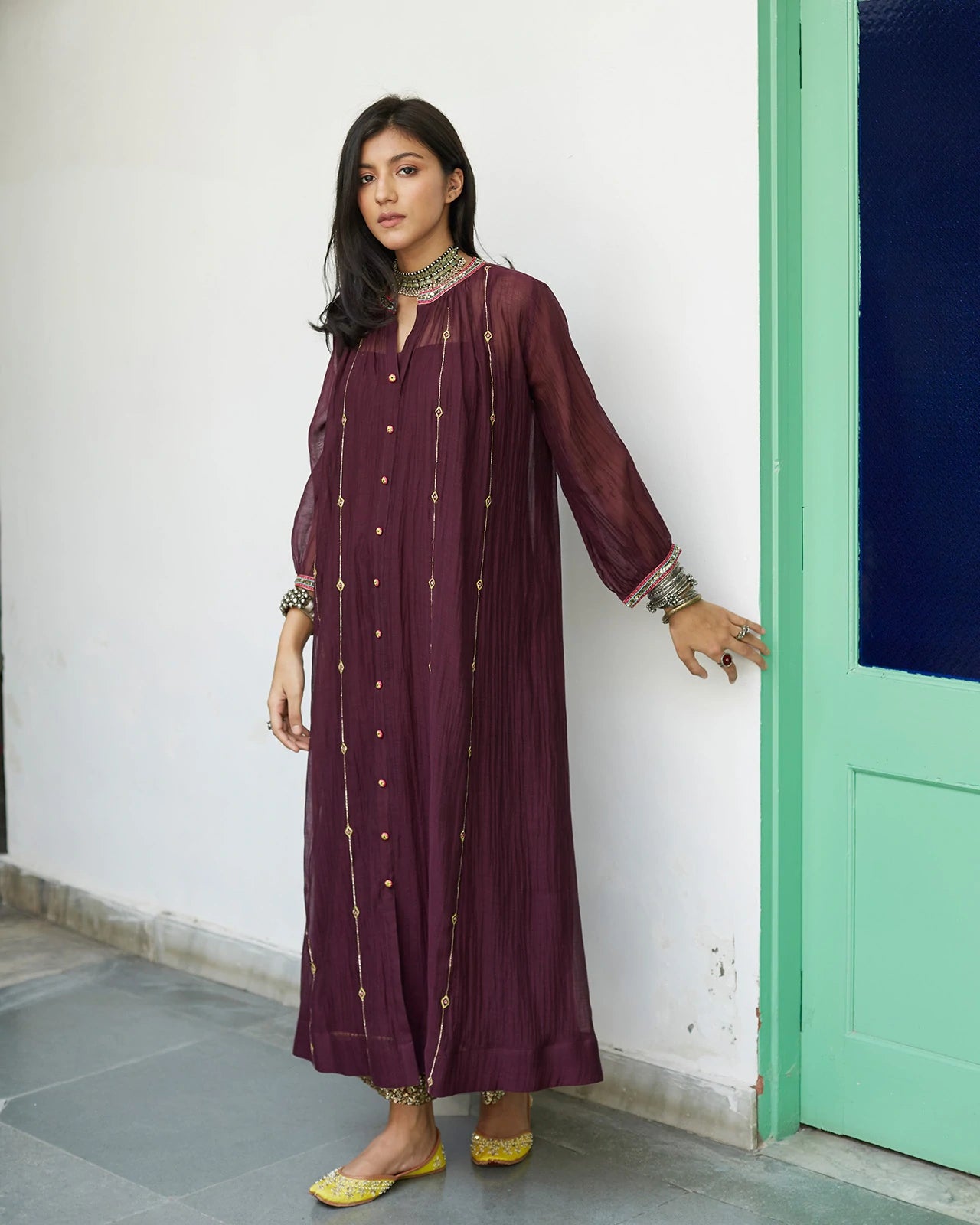 Wine Puckered Collar Kurta Set - Indian Clothing in Denver, CO, Aurora, CO, Boulder, CO, Fort Collins, CO, Colorado Springs, CO, Parker, CO, Highlands Ranch, CO, Cherry Creek, CO, Centennial, CO, and Longmont, CO. Nationwide shipping USA - India Fashion X