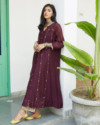 Wine Puckered Collar Kurta Set - Indian Clothing in Denver, CO, Aurora, CO, Boulder, CO, Fort Collins, CO, Colorado Springs, CO, Parker, CO, Highlands Ranch, CO, Cherry Creek, CO, Centennial, CO, and Longmont, CO. Nationwide shipping USA - India Fashion X
