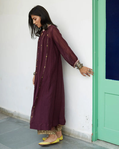 Wine Puckered Collar Kurta Set - Indian Clothing in Denver, CO, Aurora, CO, Boulder, CO, Fort Collins, CO, Colorado Springs, CO, Parker, CO, Highlands Ranch, CO, Cherry Creek, CO, Centennial, CO, and Longmont, CO. Nationwide shipping USA - India Fashion X
