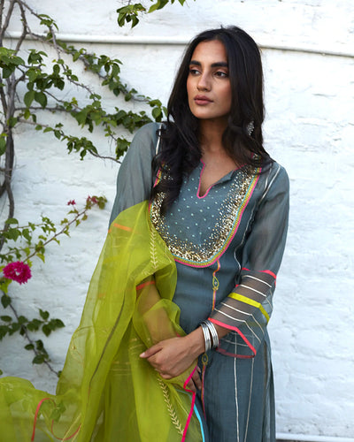 Gray Sequence Yoke Kurta Set - Indian Clothing in Denver, CO, Aurora, CO, Boulder, CO, Fort Collins, CO, Colorado Springs, CO, Parker, CO, Highlands Ranch, CO, Cherry Creek, CO, Centennial, CO, and Longmont, CO. Nationwide shipping USA - India Fashion X