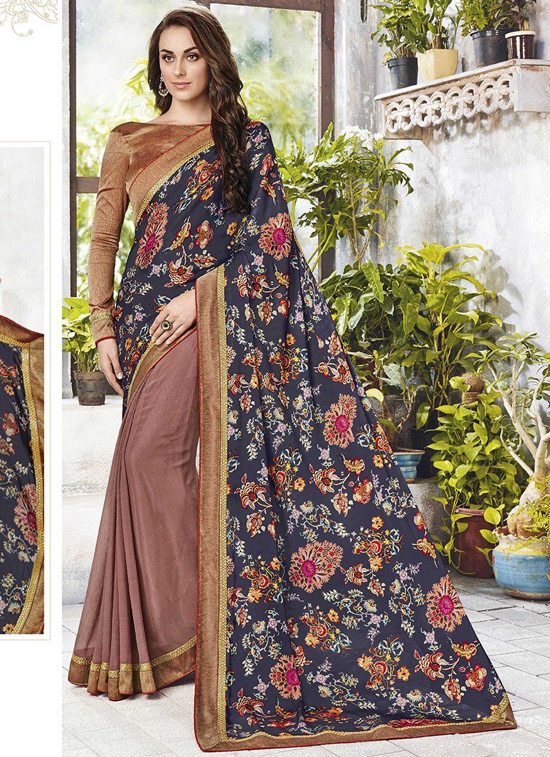 Catelog 6650: casual floral print trim sarees - brown - Indian Clothing in Denver, CO, Aurora, CO, Boulder, CO, Fort Collins, CO, Colorado Springs, CO, Parker, CO, Highlands Ranch, CO, Cherry Creek, CO, Centennial, CO, and Longmont, CO. Nationwide shipping USA - India Fashion X