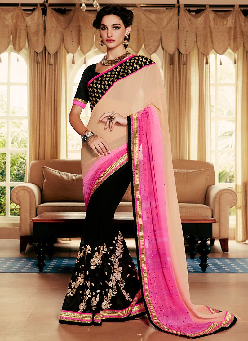 Multi Colour Party Wear Embroidered Work Saree- pink peach - Indian Clothing in Denver, CO, Aurora, CO, Boulder, CO, Fort Collins, CO, Colorado Springs, CO, Parker, CO, Highlands Ranch, CO, Cherry Creek, CO, Centennial, CO, and Longmont, CO. Nationwide shipping USA - India Fashion X