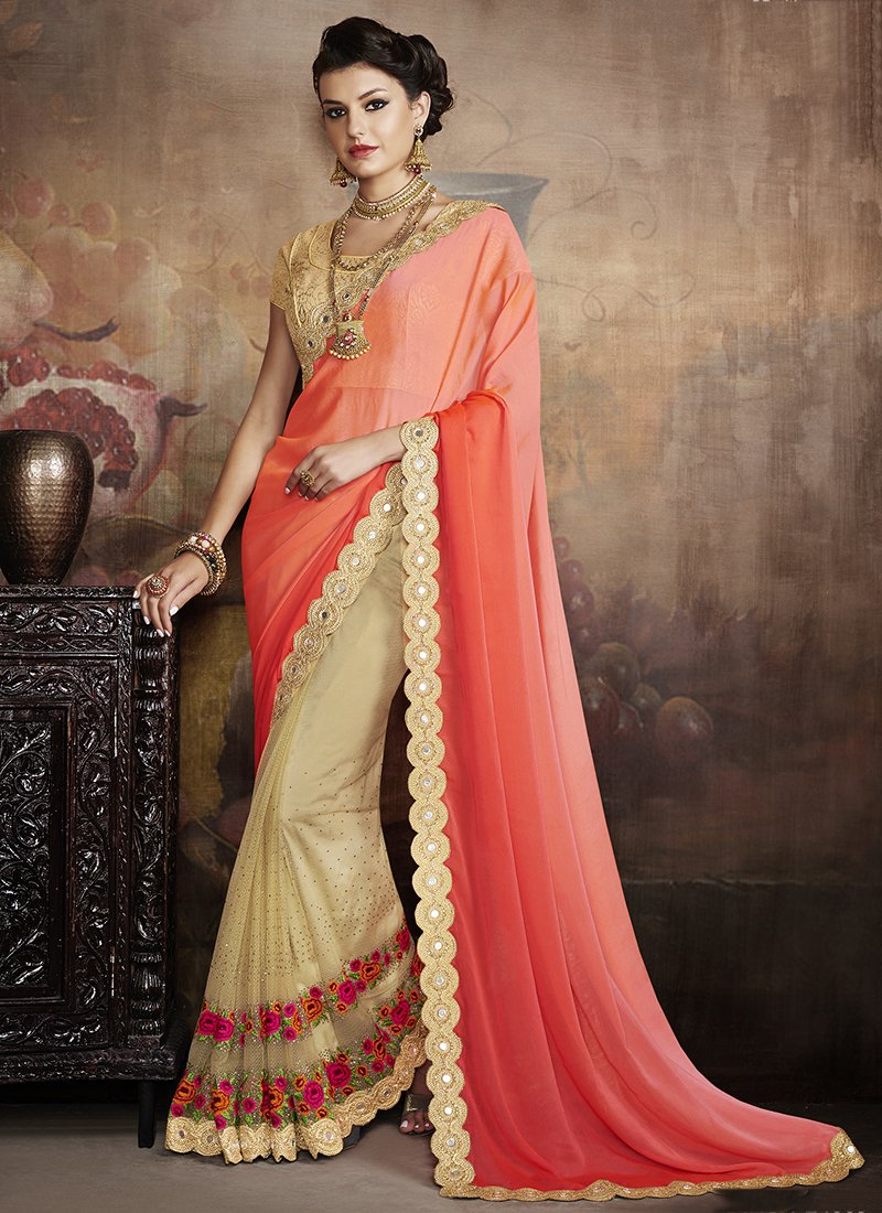 Georgette Formal Wear Embroidered Work Saree  - Peach - Indian Clothing in Denver, CO, Aurora, CO, Boulder, CO, Fort Collins, CO, Colorado Springs, CO, Parker, CO, Highlands Ranch, CO, Cherry Creek, CO, Centennial, CO, and Longmont, CO. Nationwide shipping USA - India Fashion X