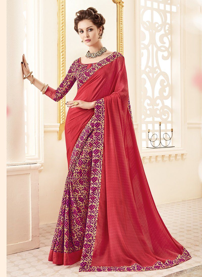 Crepe Silk Party Casual Printed Work Saree- red - Indian Clothing in Denver, CO, Aurora, CO, Boulder, CO, Fort Collins, CO, Colorado Springs, CO, Parker, CO, Highlands Ranch, CO, Cherry Creek, CO, Centennial, CO, and Longmont, CO. Nationwide shipping USA - India Fashion X