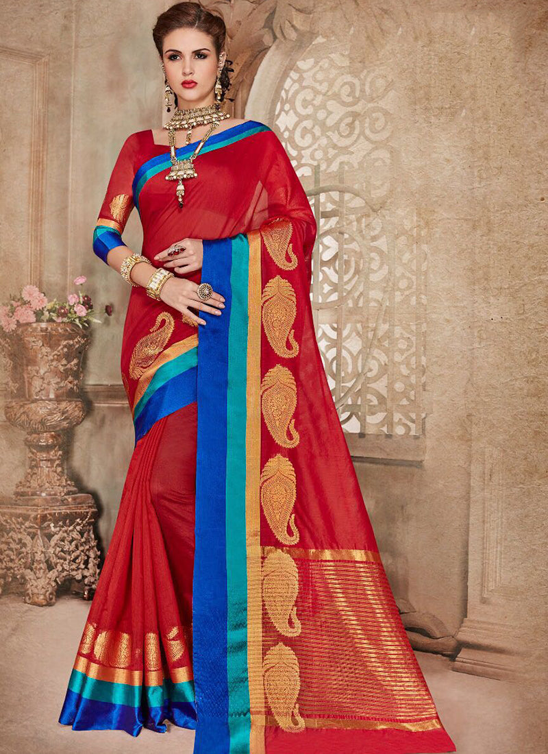 Silk Party Wear Border Work Saree- red blue - Indian Clothing in Denver, CO, Aurora, CO, Boulder, CO, Fort Collins, CO, Colorado Springs, CO, Parker, CO, Highlands Ranch, CO, Cherry Creek, CO, Centennial, CO, and Longmont, CO. Nationwide shipping USA - India Fashion X