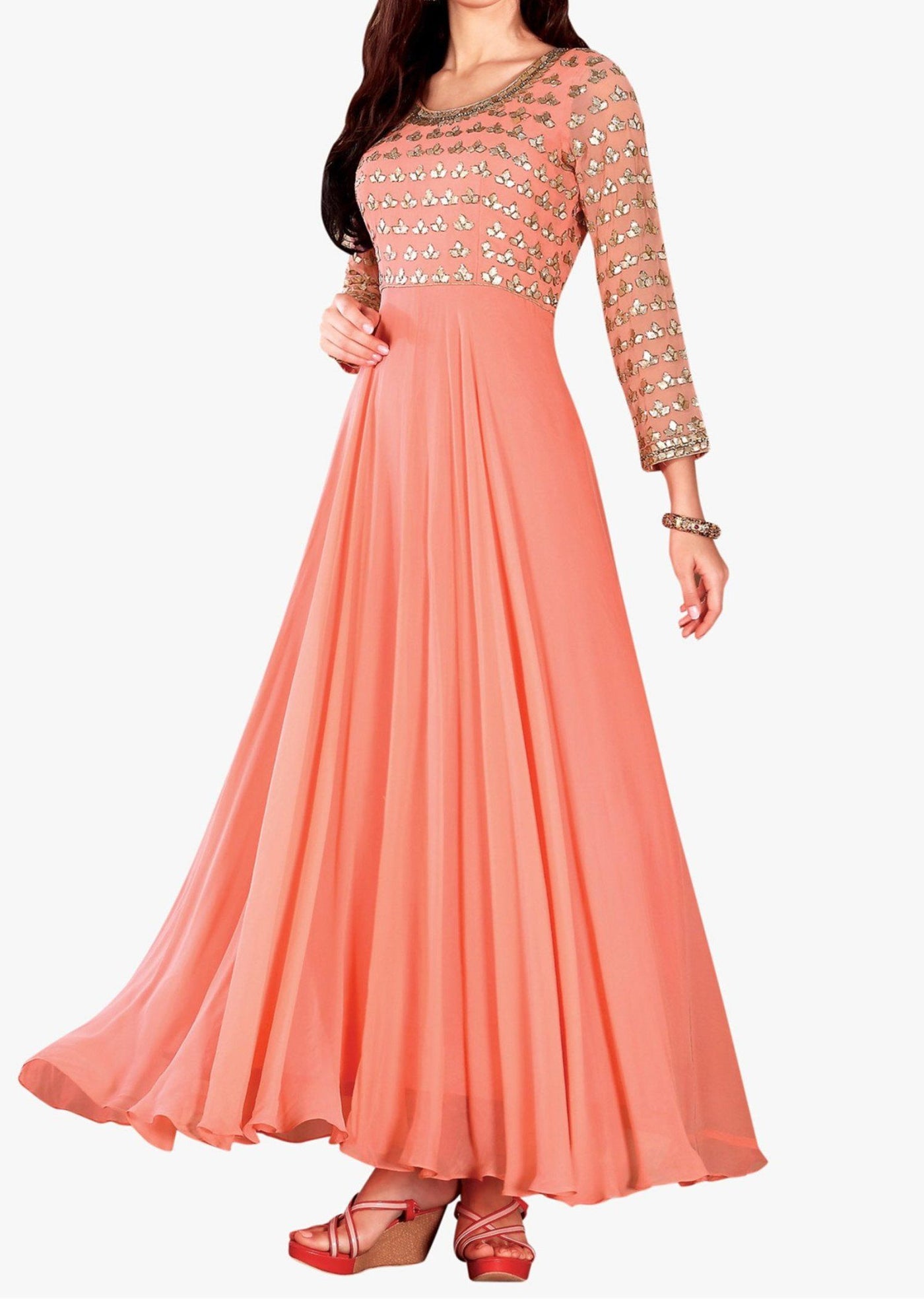 Coral anarkali suit - Indian Clothing in Denver, CO, Aurora, CO, Boulder, CO, Fort Collins, CO, Colorado Springs, CO, Parker, CO, Highlands Ranch, CO, Cherry Creek, CO, Centennial, CO, and Longmont, CO. Nationwide shipping USA - India Fashion X
