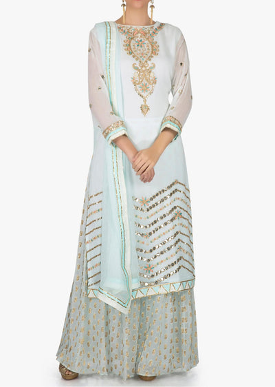 Mint blue palazzo suit in georgette with gotta patch embroidered neckline - Indian Clothing in Denver, CO, Aurora, CO, Boulder, CO, Fort Collins, CO, Colorado Springs, CO, Parker, CO, Highlands Ranch, CO, Cherry Creek, CO, Centennial, CO, and Longmont, CO. Nationwide shipping USA - India Fashion X