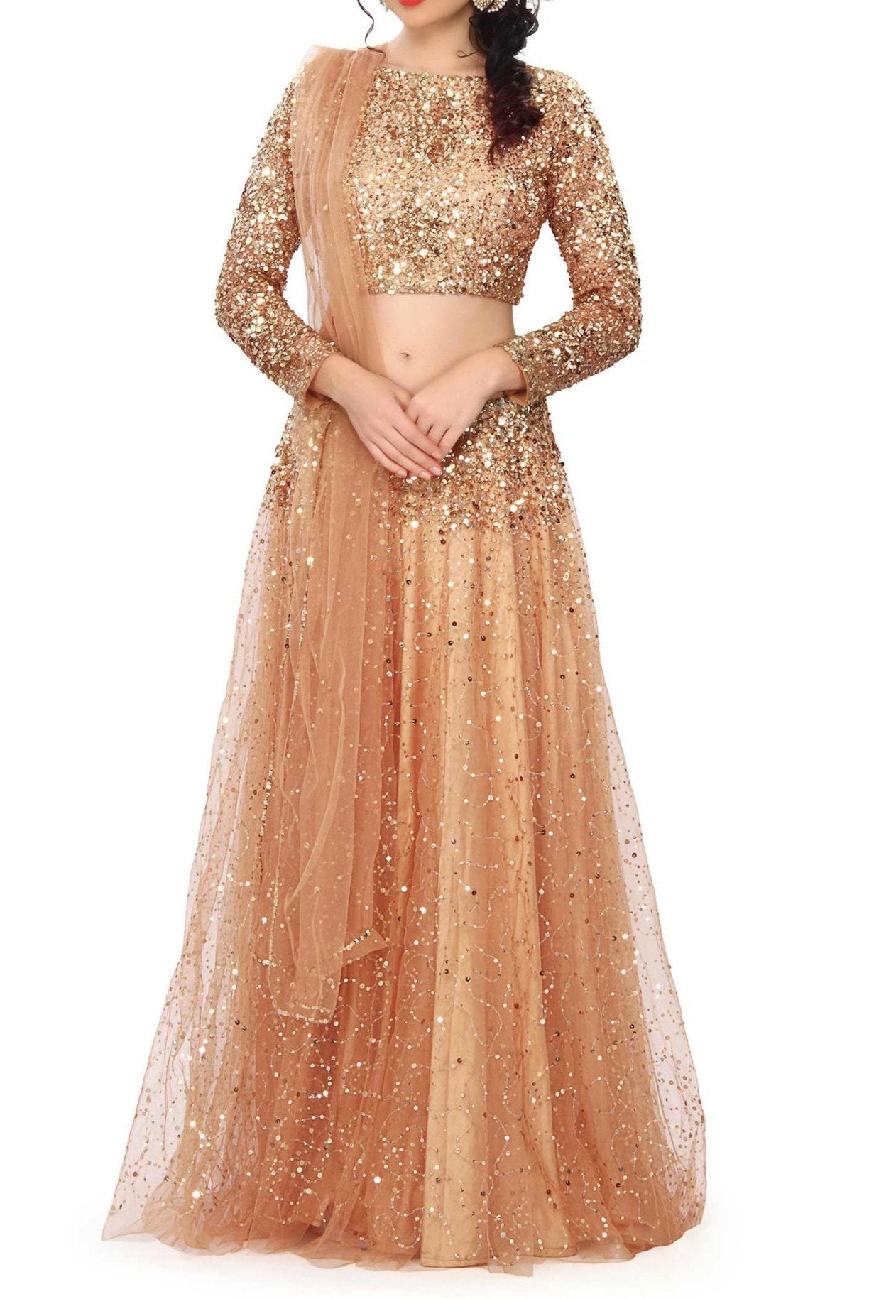 Gold lehenga embellished in sequin embroidery - Indian Clothing in Denver, CO, Aurora, CO, Boulder, CO, Fort Collins, CO, Colorado Springs, CO, Parker, CO, Highlands Ranch, CO, Cherry Creek, CO, Centennial, CO, and Longmont, CO. Nationwide shipping USA - India Fashion X