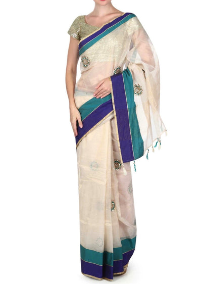 Dewy cream saree with contrast border - Indian Clothing in Denver, CO, Aurora, CO, Boulder, CO, Fort Collins, CO, Colorado Springs, CO, Parker, CO, Highlands Ranch, CO, Cherry Creek, CO, Centennial, CO, and Longmont, CO. Nationwide shipping USA - India Fashion X