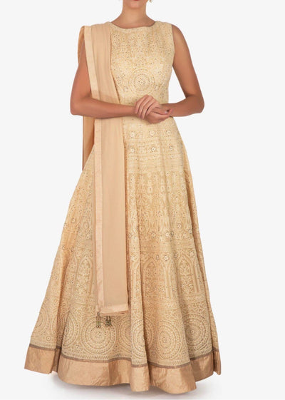 Cream anarkali suit featuring the heavy lucknowi thread work - Indian Clothing in Denver, CO, Aurora, CO, Boulder, CO, Fort Collins, CO, Colorado Springs, CO, Parker, CO, Highlands Ranch, CO, Cherry Creek, CO, Centennial, CO, and Longmont, CO. Nationwide shipping USA - India Fashion X