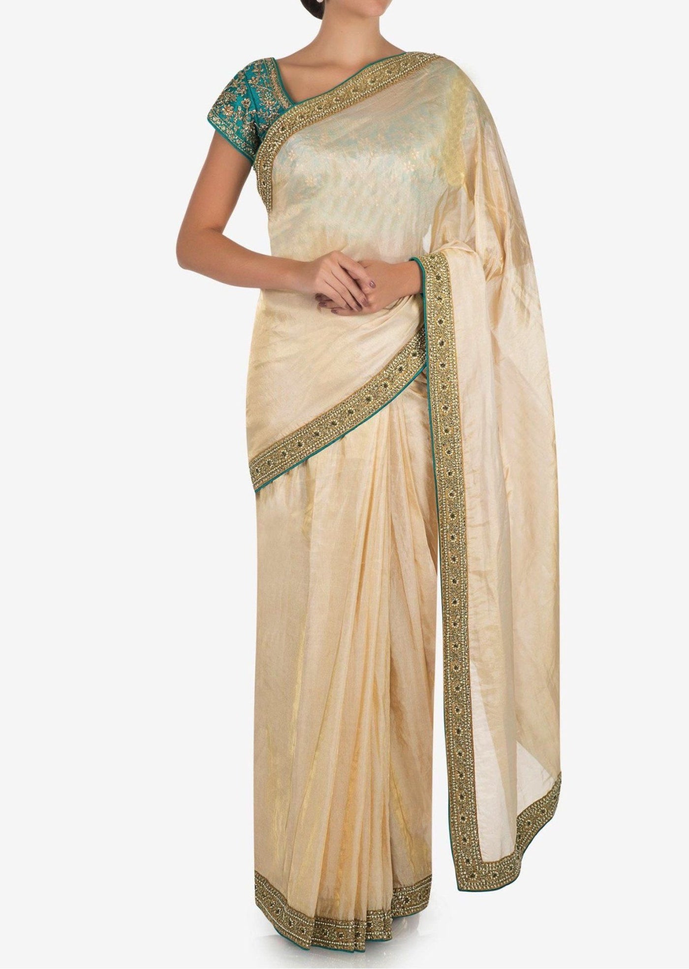 Cream saree with dark green blouse - Indian Clothing in Denver, CO, Aurora, CO, Boulder, CO, Fort Collins, CO, Colorado Springs, CO, Parker, CO, Highlands Ranch, CO, Cherry Creek, CO, Centennial, CO, and Longmont, CO. Nationwide shipping USA - India Fashion X