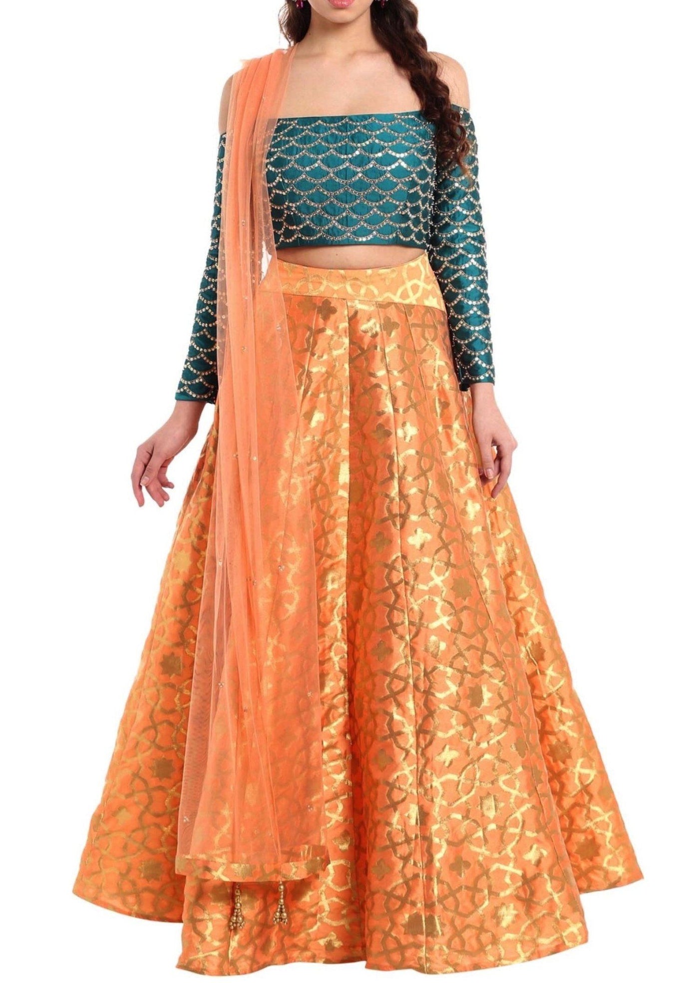 Dark peach lehenga with off shoulder teal blouse - Indian Clothing in Denver, CO, Aurora, CO, Boulder, CO, Fort Collins, CO, Colorado Springs, CO, Parker, CO, Highlands Ranch, CO, Cherry Creek, CO, Centennial, CO, and Longmont, CO. Nationwide shipping USA - India Fashion X