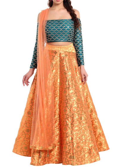 Dark peach lehenga with off shoulder teal blouse - Indian Clothing in Denver, CO, Aurora, CO, Boulder, CO, Fort Collins, CO, Colorado Springs, CO, Parker, CO, Highlands Ranch, CO, Cherry Creek, CO, Centennial, CO, and Longmont, CO. Nationwide shipping USA - India Fashion X
