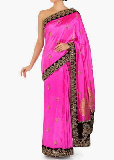 Fuchsia pink saree in silk with chariot motif embroidered border Indian Clothing in Denver, CO, Aurora, CO, Boulder, CO, Fort Collins, CO, Colorado Springs, CO, Parker, CO, Highlands Ranch, CO, Cherry Creek, CO, Centennial, CO, and Longmont, CO. NATIONWIDE SHIPPING USA- India Fashion X