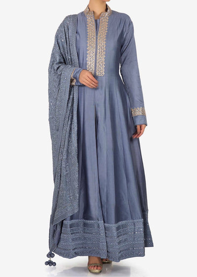 Lavender blue anarkali suit in silk with embroidered placket - Indian Clothing in Denver, CO, Aurora, CO, Boulder, CO, Fort Collins, CO, Colorado Springs, CO, Parker, CO, Highlands Ranch, CO, Cherry Creek, CO, Centennial, CO, and Longmont, CO. Nationwide shipping USA - India Fashion X