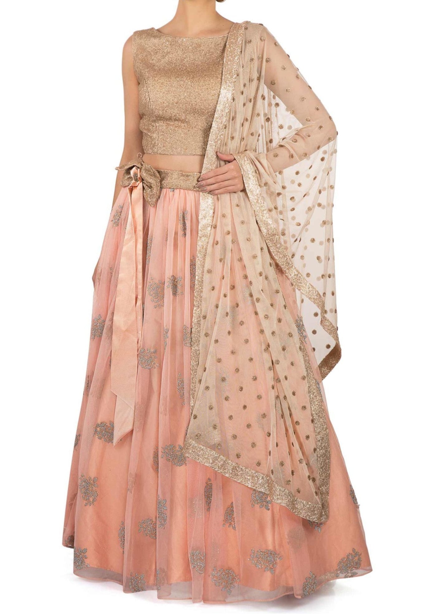 Peach lehenga in sequin work - Indian Clothing in Denver, CO, Aurora, CO, Boulder, CO, Fort Collins, CO, Colorado Springs, CO, Parker, CO, Highlands Ranch, CO, Cherry Creek, CO, Centennial, CO, and Longmont, CO. Nationwide shipping USA - India Fashion X