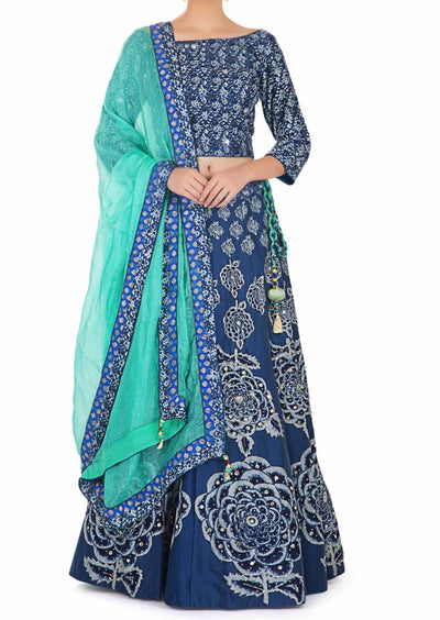 Printed Blue Cotton Top and Lehenga with Sequins and Silk Net Dupatta Indian Clothing in Denver, CO, Aurora, CO, Boulder, CO, Fort Collins, CO, Colorado Springs, CO, Parker, CO, Highlands Ranch, CO, Cherry Creek, CO, Centennial, CO, and Longmont, CO. NATIONWIDE SHIPPING USA- India Fashion X