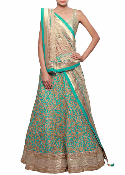 Golden lehenga in silk - Indian Clothing in Denver, CO, Aurora, CO, Boulder, CO, Fort Collins, CO, Colorado Springs, CO, Parker, CO, Highlands Ranch, CO, Cherry Creek, CO, Centennial, CO, and Longmont, CO. Nationwide shipping USA - India Fashion X