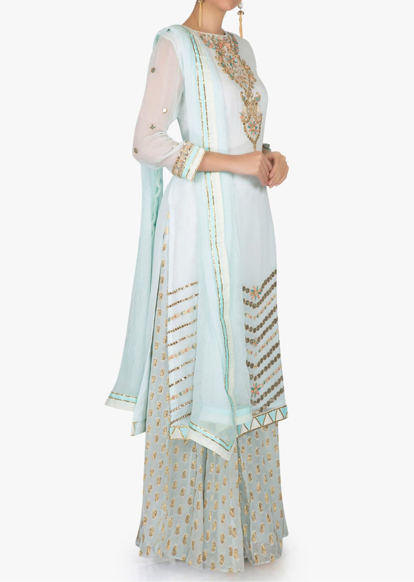 Mint blue palazzo suit in georgette with gotta patch embroidered neckline - Indian Clothing in Denver, CO, Aurora, CO, Boulder, CO, Fort Collins, CO, Colorado Springs, CO, Parker, CO, Highlands Ranch, CO, Cherry Creek, CO, Centennial, CO, and Longmont, CO. Nationwide shipping USA - India Fashion X