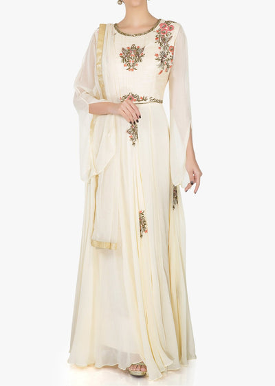 Off-white georgette dress beautified in zardosi and resham work only - Indian Clothing in Denver, CO, Aurora, CO, Boulder, CO, Fort Collins, CO, Colorado Springs, CO, Parker, CO, Highlands Ranch, CO, Cherry Creek, CO, Centennial, CO, and Longmont, CO. Nationwide shipping USA - India Fashion X