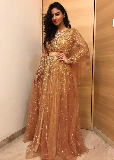 Gold lehenga embellished in sequin embroidery - Indian Clothing in Denver, CO, Aurora, CO, Boulder, CO, Fort Collins, CO, Colorado Springs, CO, Parker, CO, Highlands Ranch, CO, Cherry Creek, CO, Centennial, CO, and Longmont, CO. Nationwide shipping USA - India Fashion X