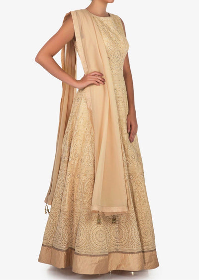 Cream anarkali suit featuring the heavy lucknowi thread work - Indian Clothing in Denver, CO, Aurora, CO, Boulder, CO, Fort Collins, CO, Colorado Springs, CO, Parker, CO, Highlands Ranch, CO, Cherry Creek, CO, Centennial, CO, and Longmont, CO. Nationwide shipping USA - India Fashion X