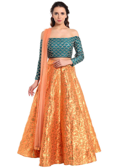 Dark peach lehenga with off shoulder teal blouse - Indian Clothing in Denver, CO, Aurora, CO, Boulder, CO, Fort Collins, CO, Colorado Springs, CO, Parker, CO, Highlands Ranch, CO, Cherry Creek, CO, Centennial, CO, and Longmont, CO. Nationwide shipping USA - India Fashion X