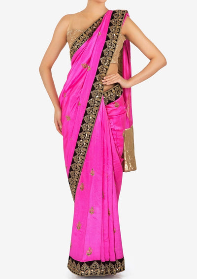 Fuchsia pink saree in silk with chariot motif embroidered border Indian Clothing in Denver, CO, Aurora, CO, Boulder, CO, Fort Collins, CO, Colorado Springs, CO, Parker, CO, Highlands Ranch, CO, Cherry Creek, CO, Centennial, CO, and Longmont, CO. NATIONWIDE SHIPPING USA- India Fashion X