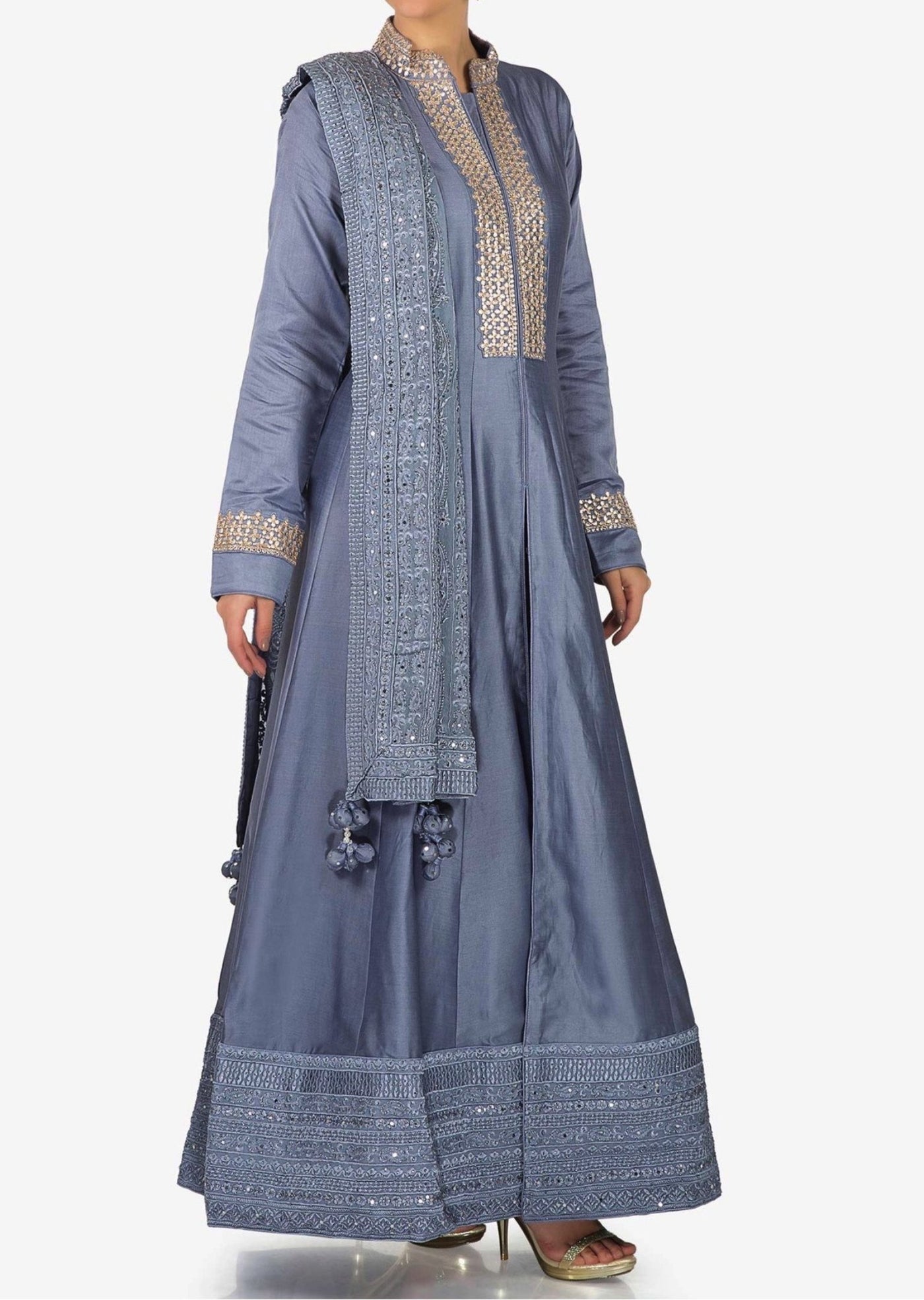 Lavender blue anarkali suit in silk with embroidered placket - Indian Clothing in Denver, CO, Aurora, CO, Boulder, CO, Fort Collins, CO, Colorado Springs, CO, Parker, CO, Highlands Ranch, CO, Cherry Creek, CO, Centennial, CO, and Longmont, CO. Nationwide shipping USA - India Fashion X