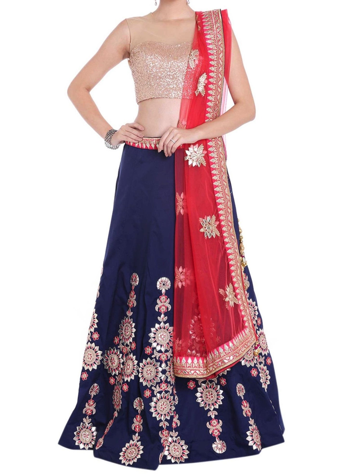 Navy blue lehenga in gotta patch and resham embroidered kali Indian Clothing in Denver, CO, Aurora, CO, Boulder, CO, Fort Collins, CO, Colorado Springs, CO, Parker, CO, Highlands Ranch, CO, Cherry Creek, CO, Centennial, CO, and Longmont, CO. NATIONWIDE SHIPPING USA- India Fashion X