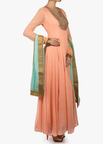 Peach anarkali suit Indian Clothing in Denver, CO, Aurora, CO, Boulder, CO, Fort Collins, CO, Colorado Springs, CO, Parker, CO, Highlands Ranch, CO, Cherry Creek, CO, Centennial, CO, and Longmont, CO. NATIONWIDE SHIPPING USA- India Fashion X