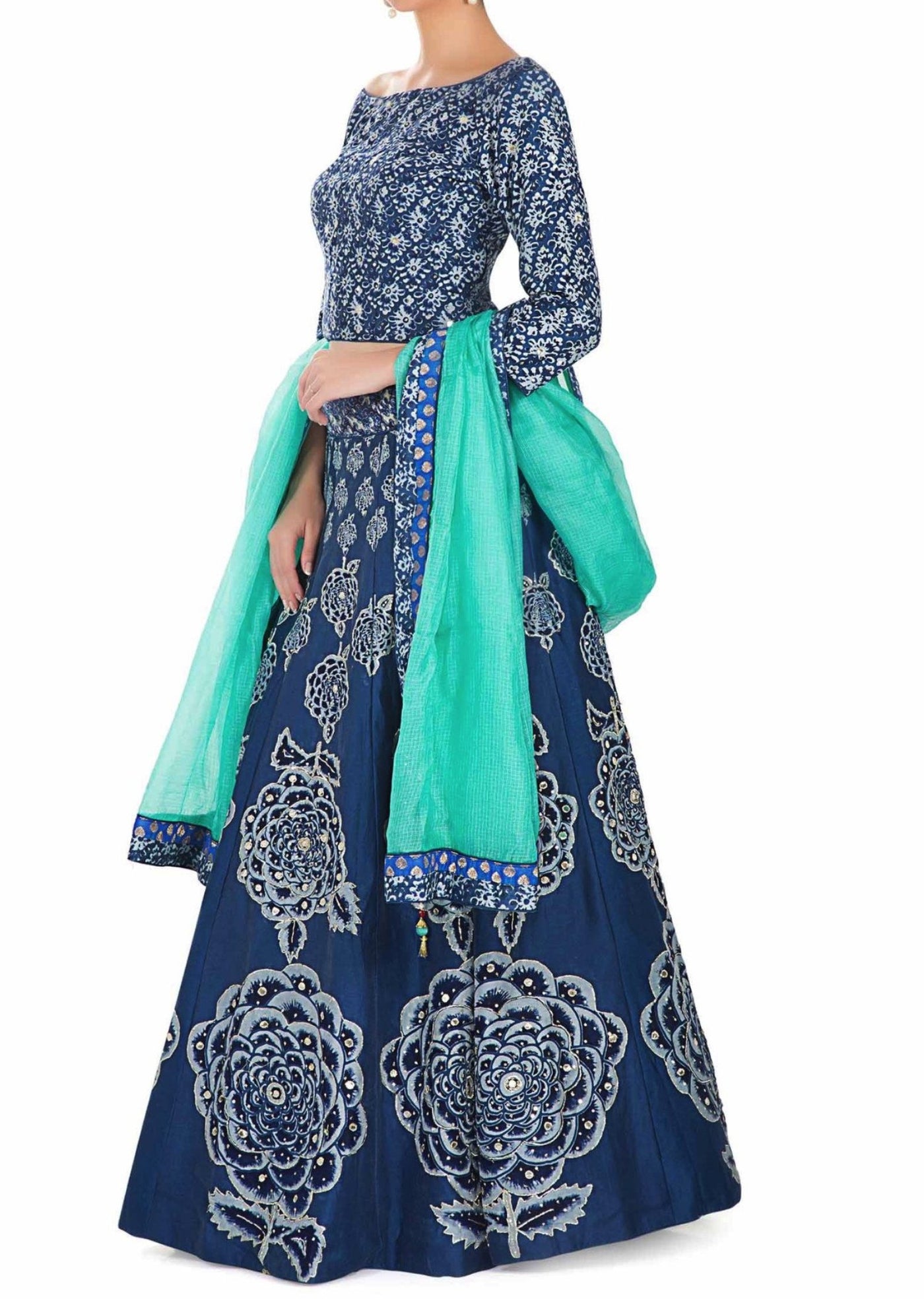 Printed Blue Cotton Top and Lehenga with Sequins and Silk Net Dupatta Indian Clothing in Denver, CO, Aurora, CO, Boulder, CO, Fort Collins, CO, Colorado Springs, CO, Parker, CO, Highlands Ranch, CO, Cherry Creek, CO, Centennial, CO, and Longmont, CO. NATIONWIDE SHIPPING USA- India Fashion X