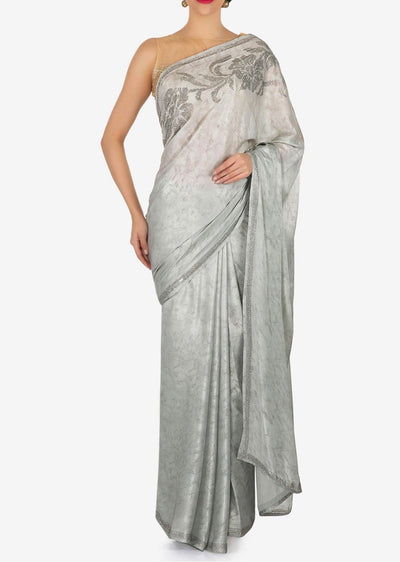 Grey saree in satin with kundan embroidered border - Indian Clothing in Denver, CO, Aurora, CO, Boulder, CO, Fort Collins, CO, Colorado Springs, CO, Parker, CO, Highlands Ranch, CO, Cherry Creek, CO, Centennial, CO, and Longmont, CO. Nationwide shipping USA - India Fashion X