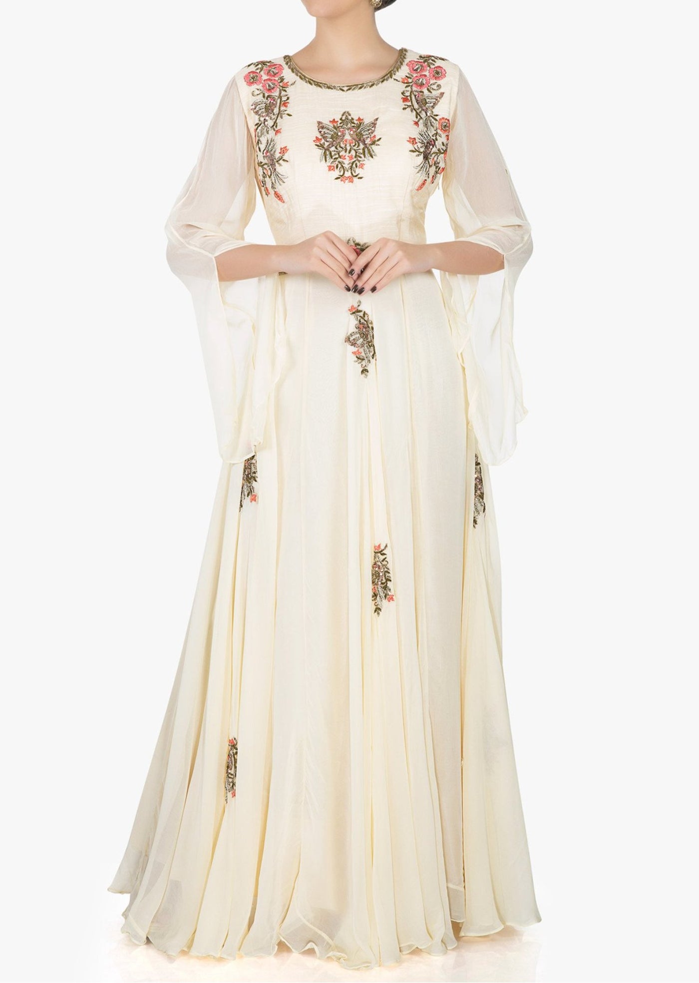 Off-white georgette dress beautified in zardosi and resham work only - Indian Clothing in Denver, CO, Aurora, CO, Boulder, CO, Fort Collins, CO, Colorado Springs, CO, Parker, CO, Highlands Ranch, CO, Cherry Creek, CO, Centennial, CO, and Longmont, CO. Nationwide shipping USA - India Fashion X