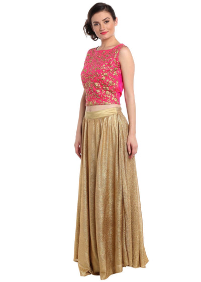 Rani pink crop top blouse in rani pink with gold shimmer skirt Indian Clothing in Denver, CO, Aurora, CO, Boulder, CO, Fort Collins, CO, Colorado Springs, CO, Parker, CO, Highlands Ranch, CO, Cherry Creek, CO, Centennial, CO, and Longmont, CO. NATIONWIDE SHIPPING USA- India Fashion X