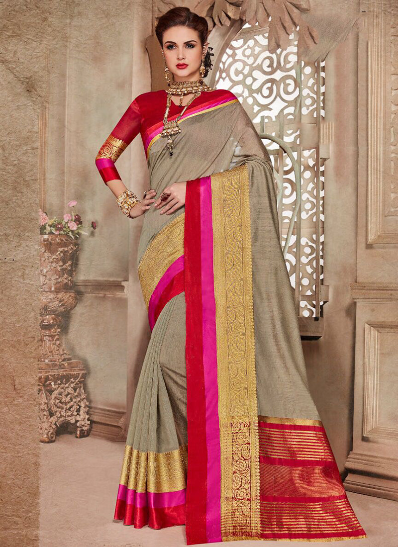 Silk Party Wear Border Work Saree- gray - Indian Clothing in Denver, CO, Aurora, CO, Boulder, CO, Fort Collins, CO, Colorado Springs, CO, Parker, CO, Highlands Ranch, CO, Cherry Creek, CO, Centennial, CO, and Longmont, CO. Nationwide shipping USA - India Fashion X
